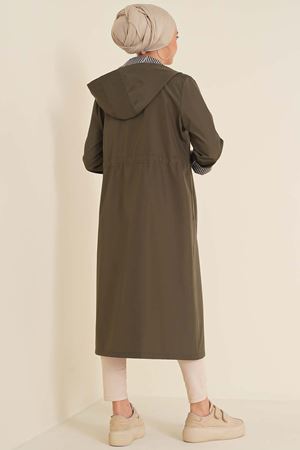 Tesettür Beli Lastik Büzgülü Trençkot - Haki
