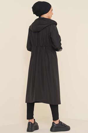 Tesettür Beli Lastik Büzgülü Trençkot - Siyah