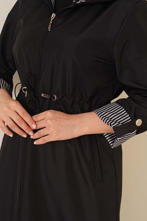 Tesettür Beli Lastik Büzgülü Trençkot - Siyah