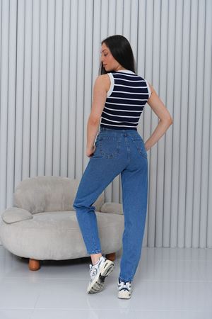 Mom Yüksek Bel Paça Pensli Jean Pantolon - Mavi 2042