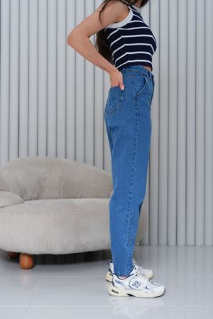 Mom Yüksek Bel Paça Pensli Jean Pantolon - Mavi 2042