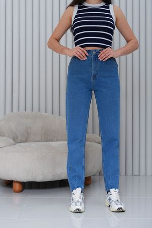 Mom Yüksek Bel Paça Pensli Jean Pantolon - Mavi 2042