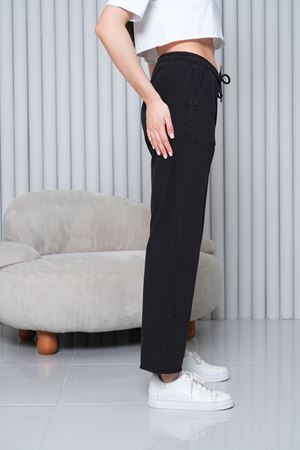 Kadın Cepli Beli Lastik Paça Püskül Pantolon - Siyah KAT2044