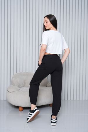 Kadın Yüksel Bel  Paça Büzgülü jogger Gabardin Pantolon - Siyah KAT2045