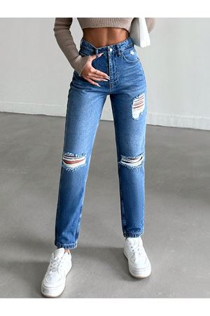 Yırtık Yüksek Bel Kot Pantolon - Mavi KAT2043