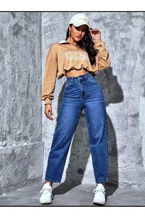 Mom Yüksel bel duz paça kot Pantolon - Koyu yıkama 11001-3