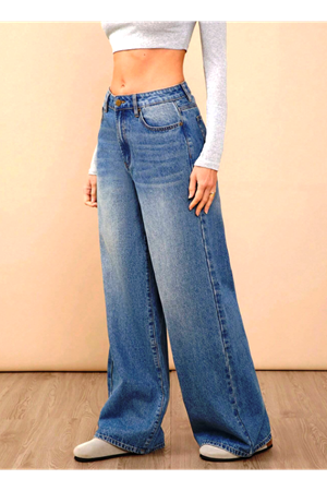  Kadın Bol Paça Yüksek Bel Palazzo Kot Pantolon -Soluk yıkama 11071-2