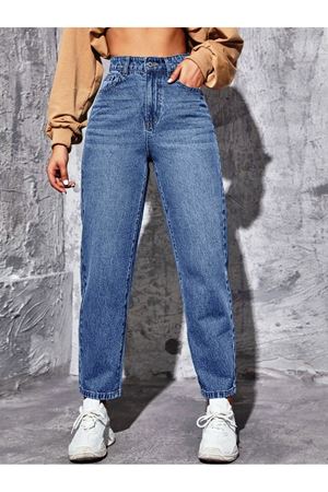 Mom Yüksel bel duz paça kot Pantolon - orta yıkama 11001-2