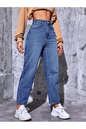 Mom Yüksel bel duz paça kot Pantolon - orta yıkama 11001-2