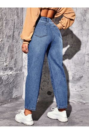 Mom Yüksel bel duz paça kot Pantolon - orta yıkama 11001-2