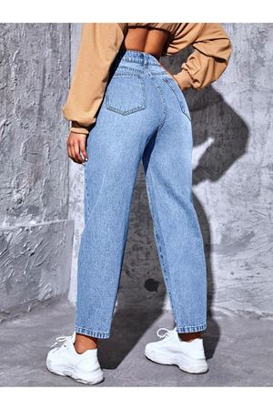 Mom Yüksel bel duz paça kot Pantolon - açık yıkama 11001-1