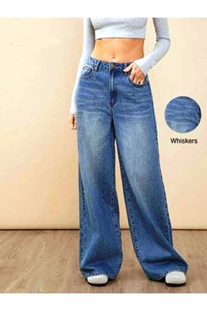  Kadın Bol Paça Yüksek Bel Palazzo Kot Pantolon -Açık yıkama 11071-1