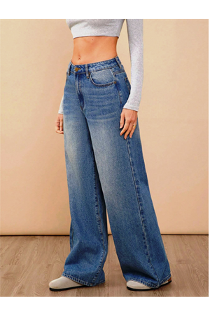  Kadın Bol Paça Yüksek Bel Palazzo Kot Pantolon -Açık yıkama 11071-1