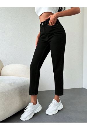 Kadın Düz Paça Moda Kot Pantolon -Siyah
