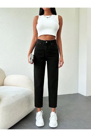 Kadın Düz Paça Moda Kot Pantolon -Siyah