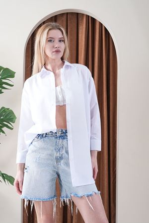 Kadın Oversize Basic Salaş Gömlek -Beyaz KAT2036