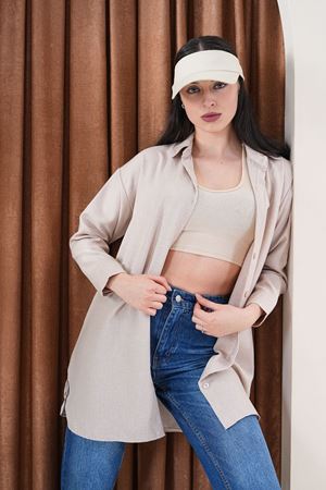 Kadın Oversize Basic Salaş Gömlek -Bej KAT2036 