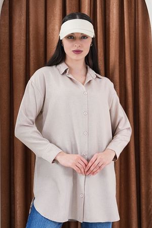 Kadın Oversize Basic Salaş Gömlek -Bej KAT2036 