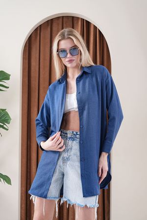 Kadın Oversize Basic Salaş Gömlek -Mavi KAT2036 