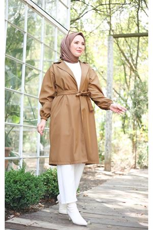 Belden Bağlamalı  Balon Kol Trenç - Camel