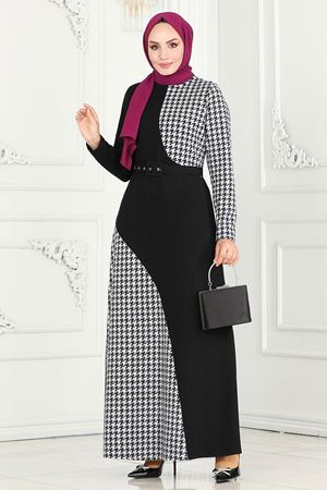 Kazayağı Desenli Tivit Elbise - Ekru