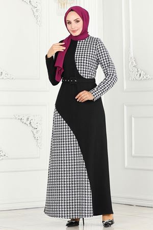 Kazayağı Desenli Tivit Elbise - Ekru