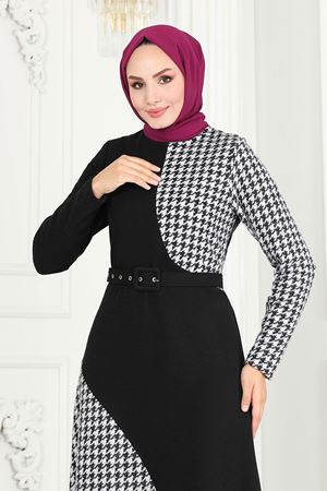 Kazayağı Desenli Tivit Elbise - Ekru