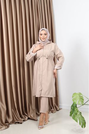 Tesettür Beli Lastik Büzgülü Trençkot - Bej