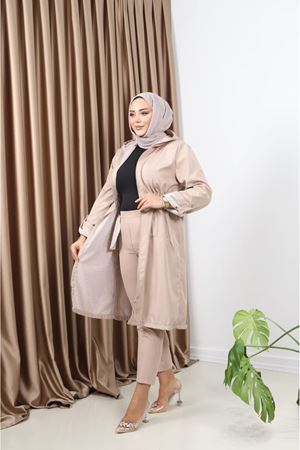 Tesettür Beli Lastik Büzgülü Trençkot - Bej