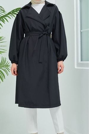 Belden Bağlamalı  Balon Kol Trenç - Siyah