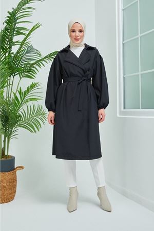 Belden Bağlamalı  Balon Kol Trenç - Siyah