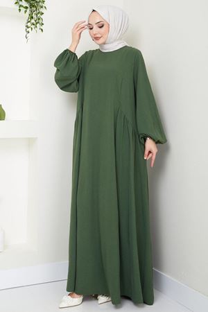 Sufle Ayrobin Tesettür Elbise -Yesil 