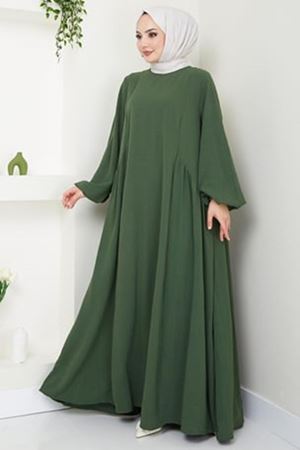 Sufle Ayrobin Tesettür Elbise -Yesil 