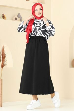 Gabardin püsküllü etek - Siyah 110PGS1067