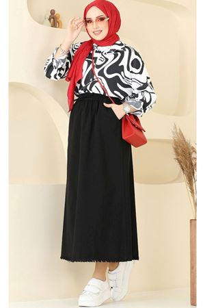 Gabardin püsküllü etek - Siyah 110PGS1067