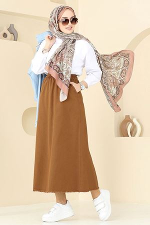 Gabardin Püsküllü Etek - Taba 110PGS1067