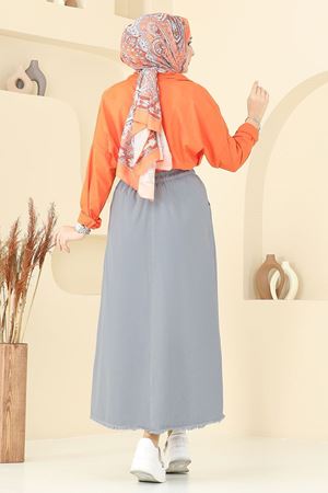 Gabardin Püsküllü Etek - Gri 110PGS1067