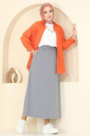 Gabardin Püsküllü Etek - Gri 110PGS1067