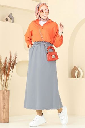 Gabardin Püsküllü Etek - Gri 110PGS1067