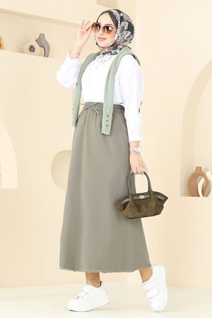 Gabardin Püsküllü Etek - Çağla 110PGS1067 