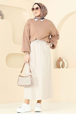 Gabardin Püsküllü Etek - Taş 110PGS1067