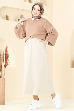 Gabardin Püsküllü Etek - Taş 110PGS1067