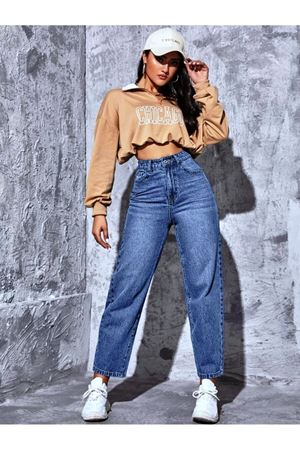 orta yıkama Mom Yüksel bel duz paça kot Pantolon - 11001-2 