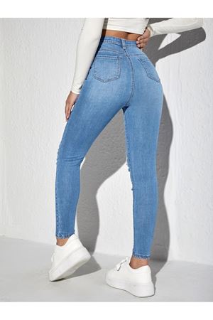 Skinny yüksek bel Açık yıkama likralı yırtık jean 