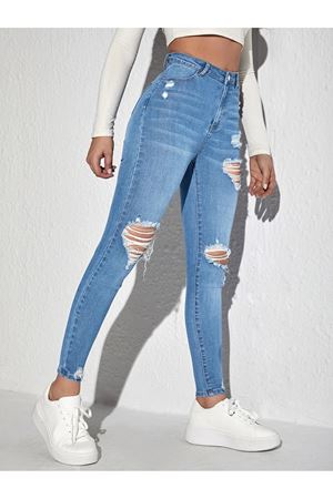 Skinny yüksek bel Açık yıkama likralı yırtık jean 