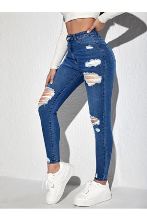 Skinny yüksek bel  likralı yırtık jean  - Koyu Yıkama