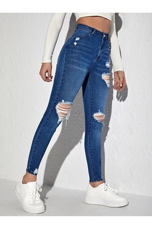 Skinny yüksek bel  likralı yırtık jean  - Koyu Yıkama