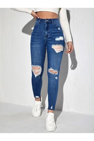 Skinny yüksek bel  likralı yırtık jean  - Koyu Yıkama