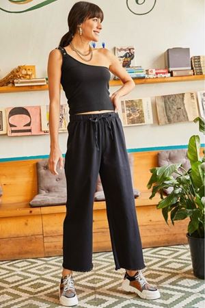 Beli Lastikli Paçası Püsküllü Gabardin Pantolon - Siyah