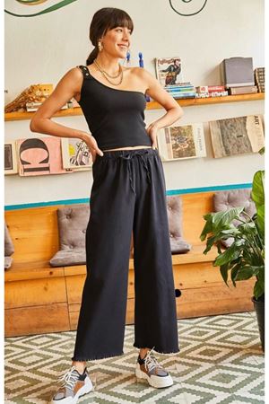 Beli Lastikli Paçası Püsküllü Gabardin Pantolon - Siyah